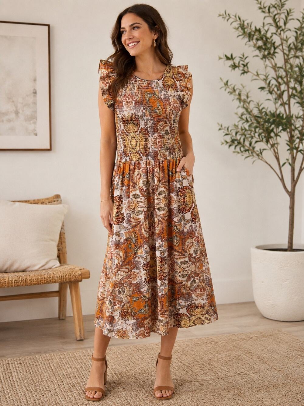 Paisley Smocked Midi Dress Code Mode Ruffle Sleeve Boho Size Large